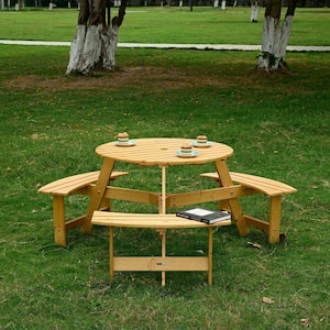 Outdoor Patio 6 Person Wooden Natural Round Picnic Table and Bench Set with Umbrella Holes and 3 Built-in Benches