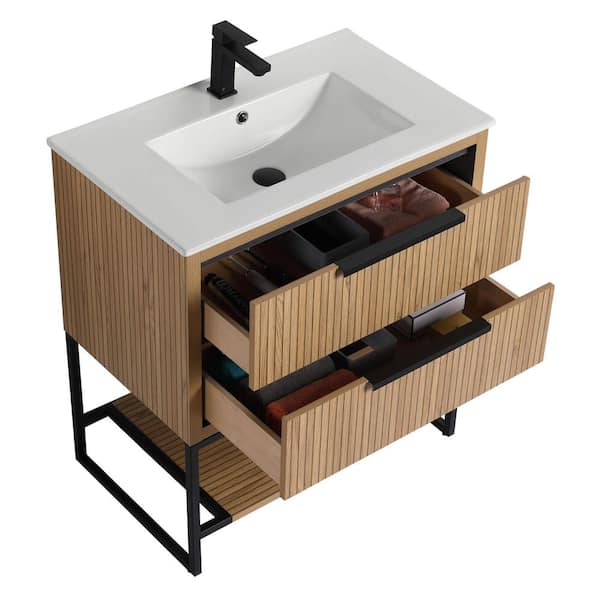 Kingsford 30 in. Freestanding Bath Vanity in Bright Oak with Drawers and White Ceramic Sink Top