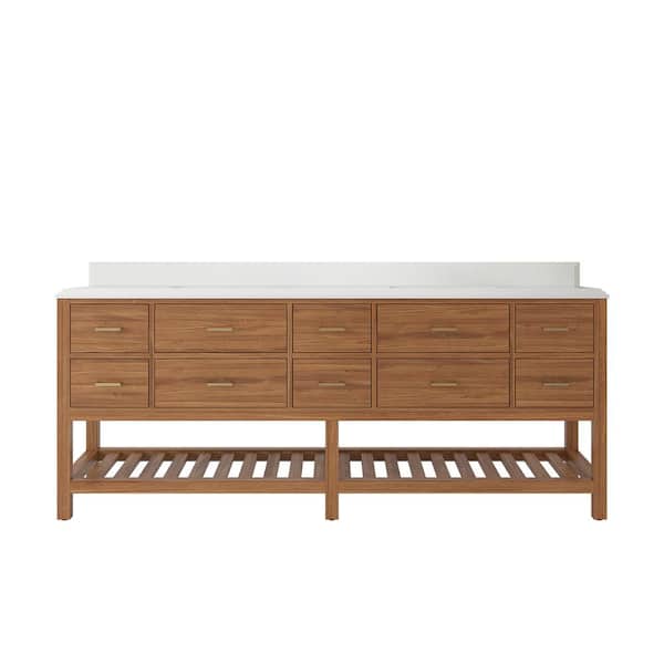 Willow Collections Parker Teak 84 in. W x 22 in. D x 36 in. H Double Sink Bath Vanity in Golden Teak with 1.5 in. White Quartz Regular Top