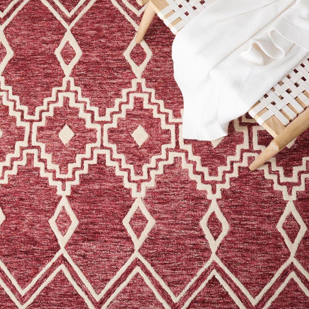 Handmade Red and Ivory Wool Abstract Round Rug, 6' x 6'