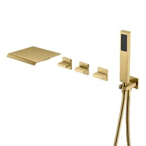 Modern 3-Handle Wall Mounted Roman Tub Faucet with Hand Shower and Waterfall Spout in Brushed Gold
