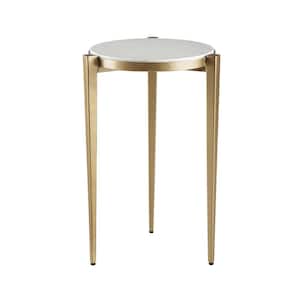Billie 15 In. Round Tri-Leg Genuine Marble Top Accent End Table, White and Gold