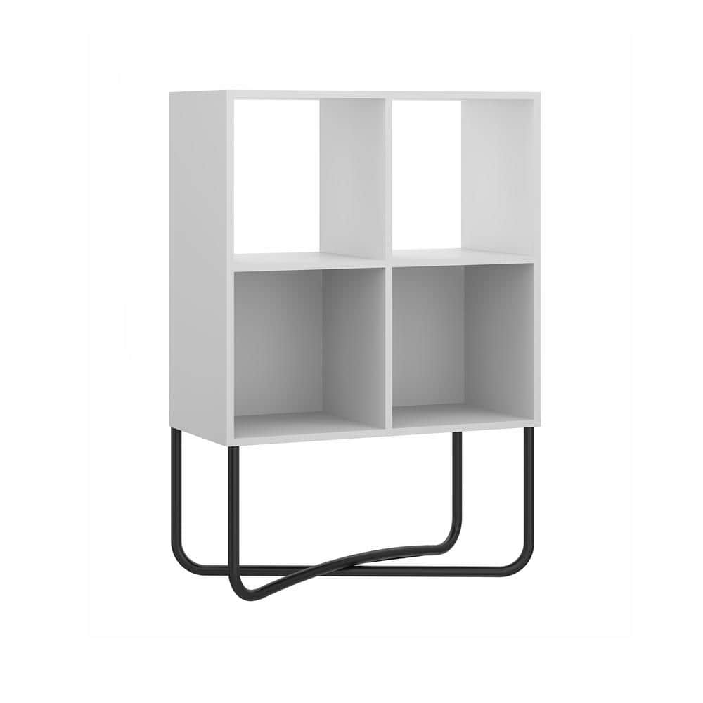 White and Walnut Geometric 2-Tier Bookcase with Black Cross-Legs