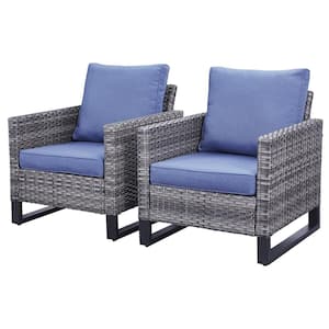 Gray Wicker Outdoor Patio Lounge Chair with CushionGuard Blue Cushions (2-Pack)