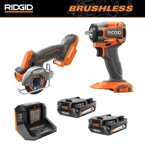 RIDGID 18V SubCompact Brushless Cordless 2-Tool Combo Kit with Impact Wrench, Multi-Material Saw, (2) 2Ah Batteries, & Charger
