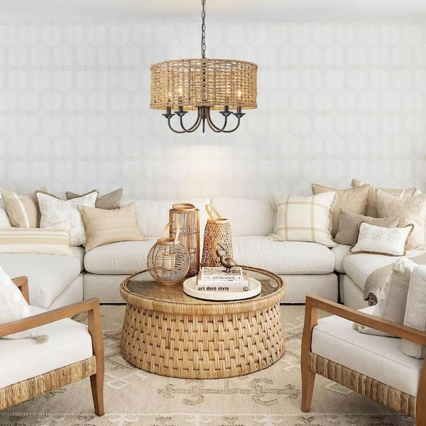Gianni 5-Light Modern Rustic Distressed Hand-Woven Drum Chandelier with Farmhouse Natural Rattan Shade