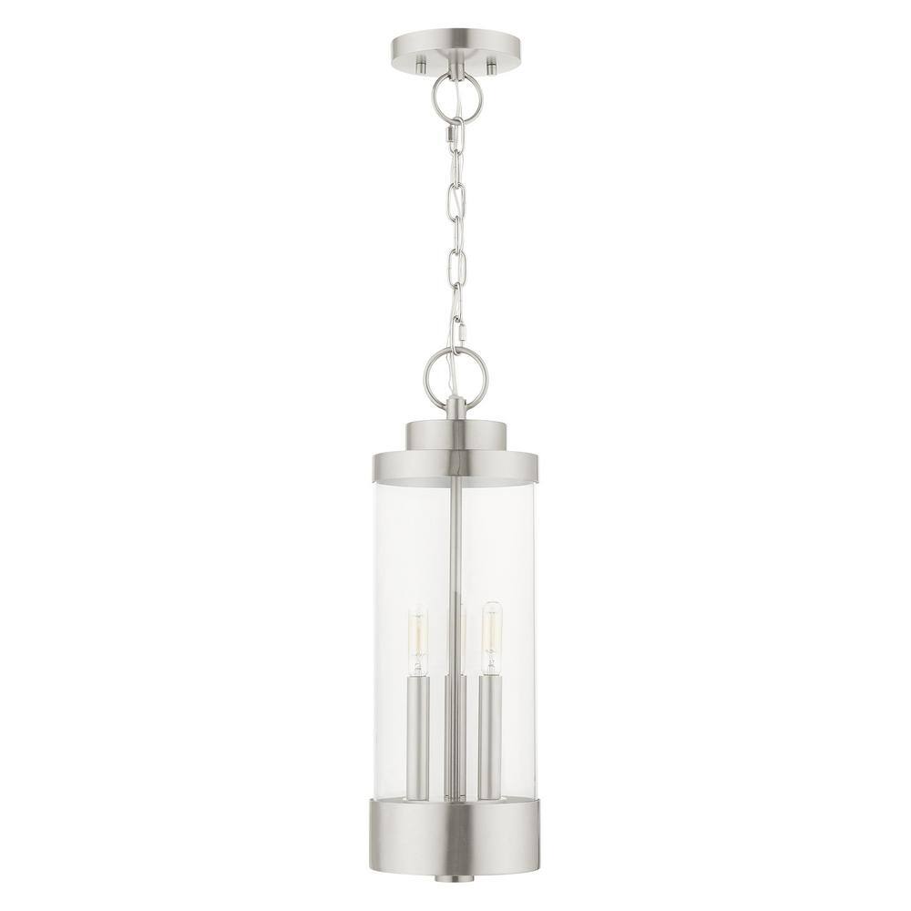 Brushed Nickel 3-Light Indoor/Outdoor Pendant Lantern with Clear Glass