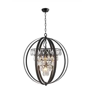 3-Light Antique Brown Globe Chandelier with Clear Crystals