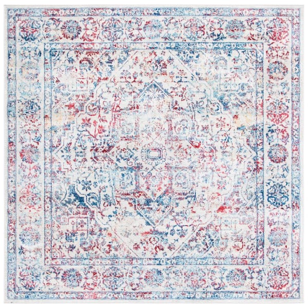 SAFAVIEH Brentwood 3 ft. x 3 ft. Ivory/Blue Distressed Border Medallion Square Area Rug