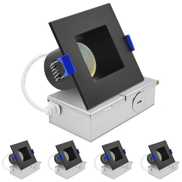 LUXRITE 3in.Square Integrated LED Recessed Light J-Box 8W 5CCT 530LM Dimmable Canless Downlight Wet Rated IC Rated ETL Black 4PK