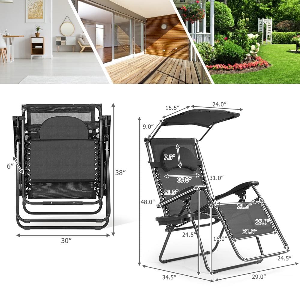 Black Steel Folding Chaise Lounge Chair with Adjustable Sun Shade Canopy