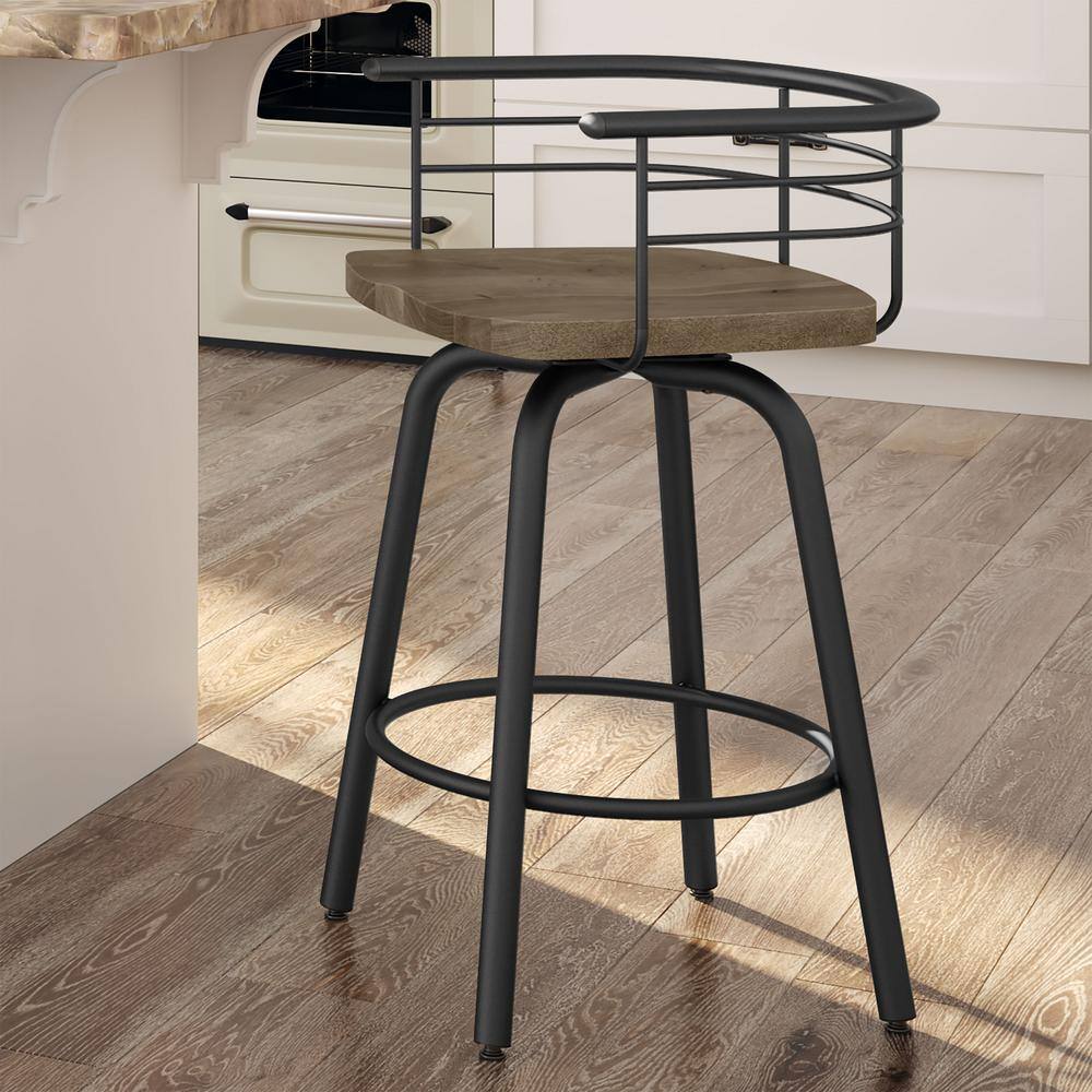 Beige Birch Wood & Black Metal Swivel Bar Stool, 36.25" Height