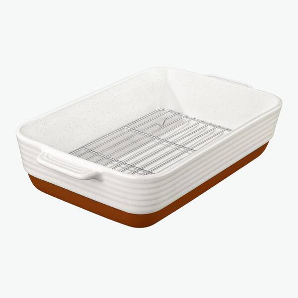 Tara Series 4.8 qt. Khaki and White Ceramic Oven Safe Roasting Pan with Stainless Steel Rack for Baking