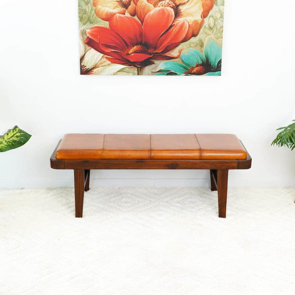 Tan Genuine Leather Teak Wood Mid-Century Modern Bench