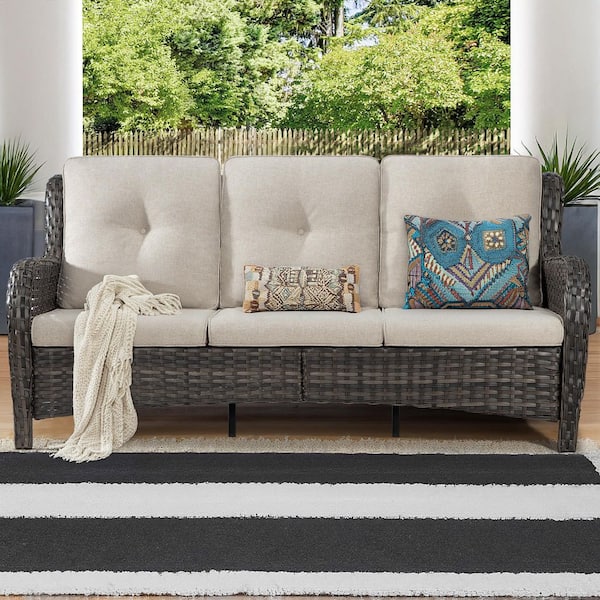 Gardenbee 3-Seat Wicker Outdoor Patio Sofa Sectional Couch with Beige Cushions
