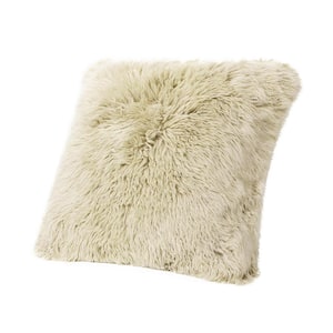 Astrid 20 in. Square Accent Throw Pillow Cover with Feather Insert in Taupe Beige Genuine Fur