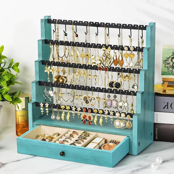 Teal 11.5 in. x 12 in. Wood Rustic Jewelry Organizer Stand