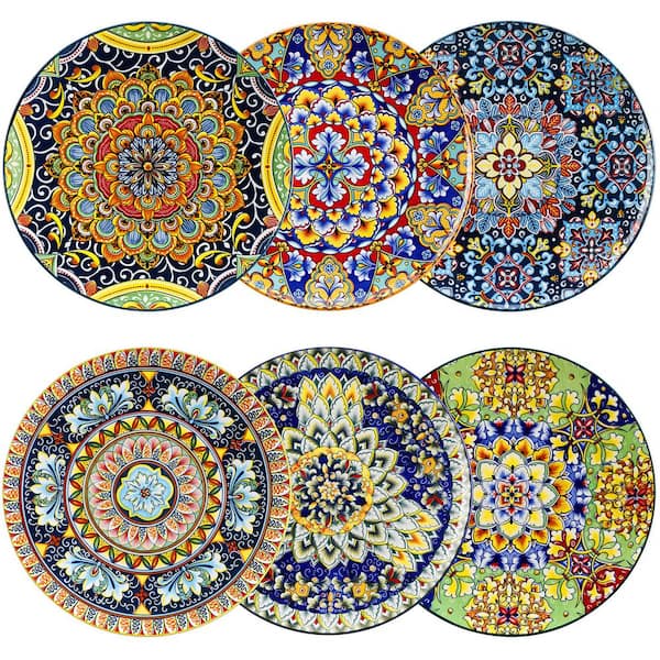 Assorted Colors Dinner Plate Set of 6 Porcelain Dinnerware Set Bohemian Style Dessert Plates Pasta Plates