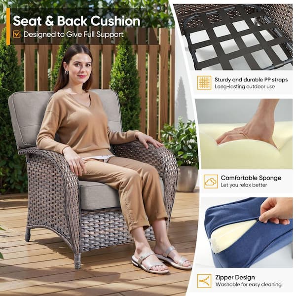 T-Frame Brown Wicker Outdoor Lounge Chairs with Olefin Gray 5 in. Thick Cushions (2-Pack)
