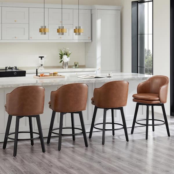 Zephyrine 26 in. Brown Low Back Swivel Counter Height Bar Stool with Leather Seat and Wood Frame (Set of 2)