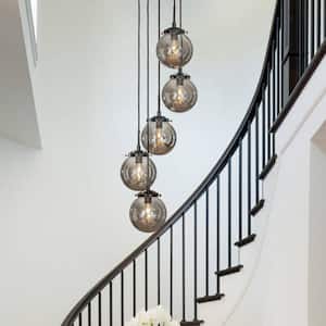 5-Light Modern Matte Black Staircase Chandelier with Smoke Globe Bubble Glass Corner Pendant