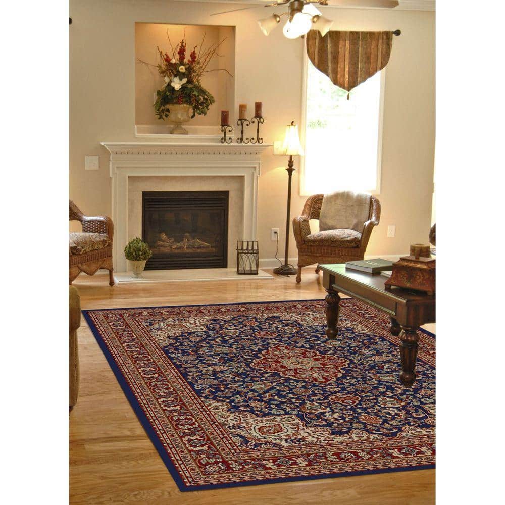 Navy and Red Traditional Synthetic Medium Pile Area Rug