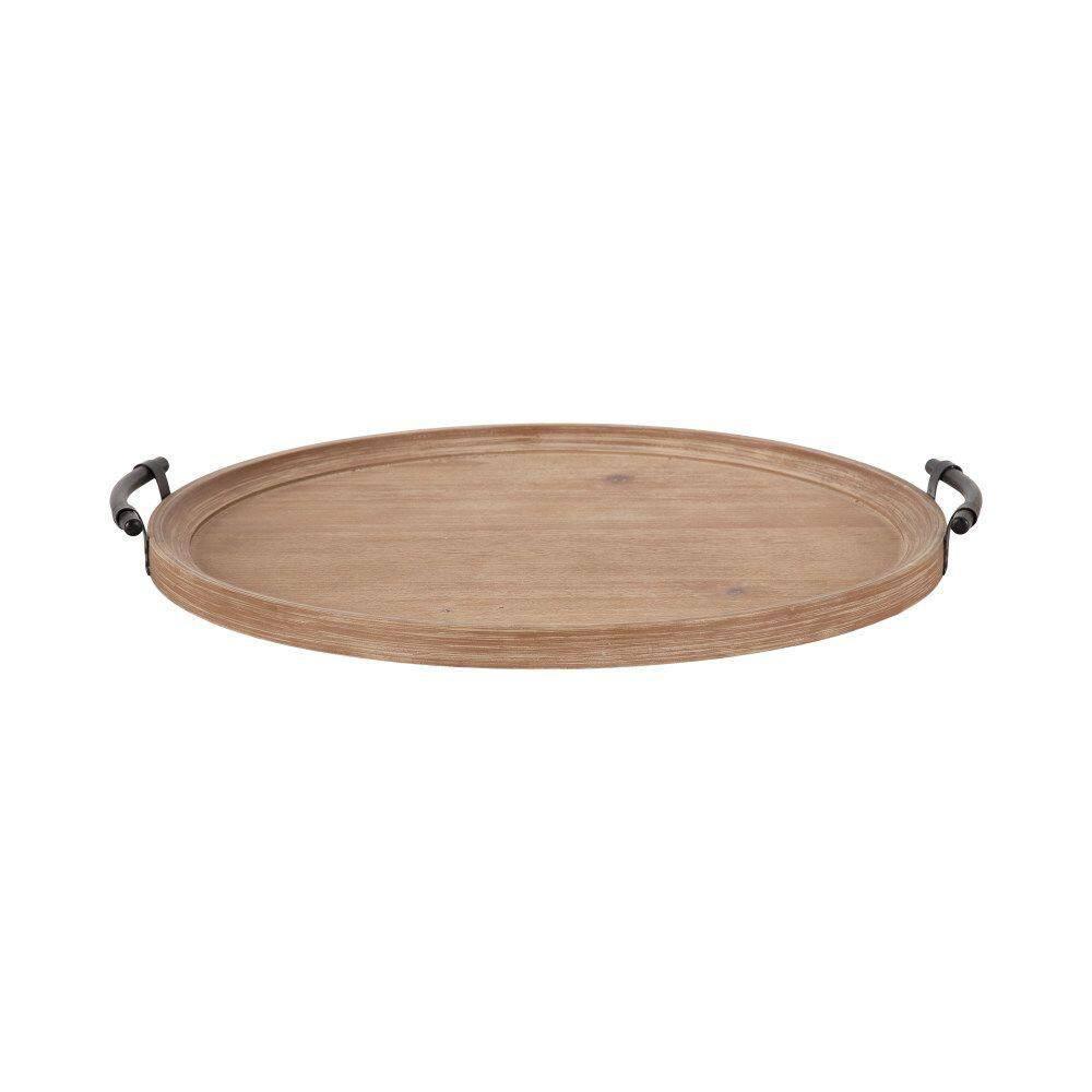 Bruillet Rustic Brown Round Wood Ottoman Tray with Black Metal Handles