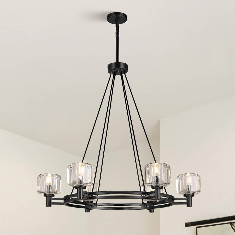 36 in. 6-Light Black Farmhouse Wagon Wheel Chandelier with Crystal Lampshade for Dining Room, Living Room Kitchen Island price history on PriceWatchPro