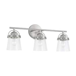 23 in. W x 9.5 in. H 3-Light Vanity in Brushed Nickel with Clear Seeded Glass