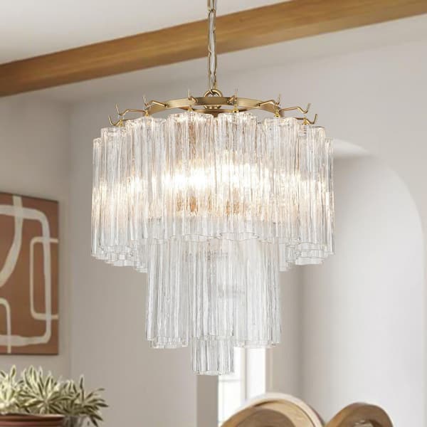 Clarus 3-Light Brushed Gold Industrial Waterfall Tiered Chandelier Hanging Farmhouse Glass Pendant Ceiling Light Fixture