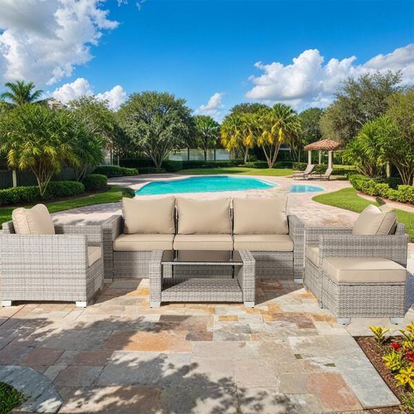 Unbranded Outdoor Furniture Set 7-Piece Rattan Sectional Outdoor Seating with Wicker Sofas, Ottomans, Field Gray Cushions, Table