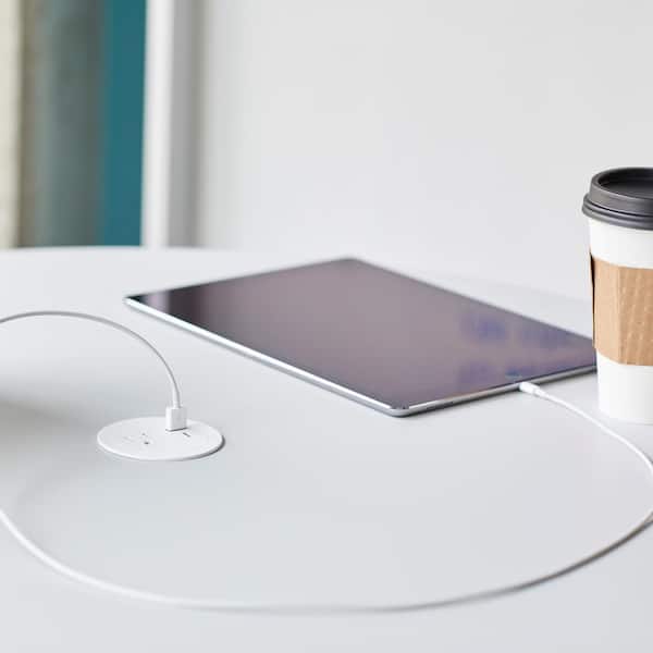 Round 15 Amp 1-Outlet and 2 Type A/C USB White Recessed Furniture Power Strip with 6 Ft. Cord