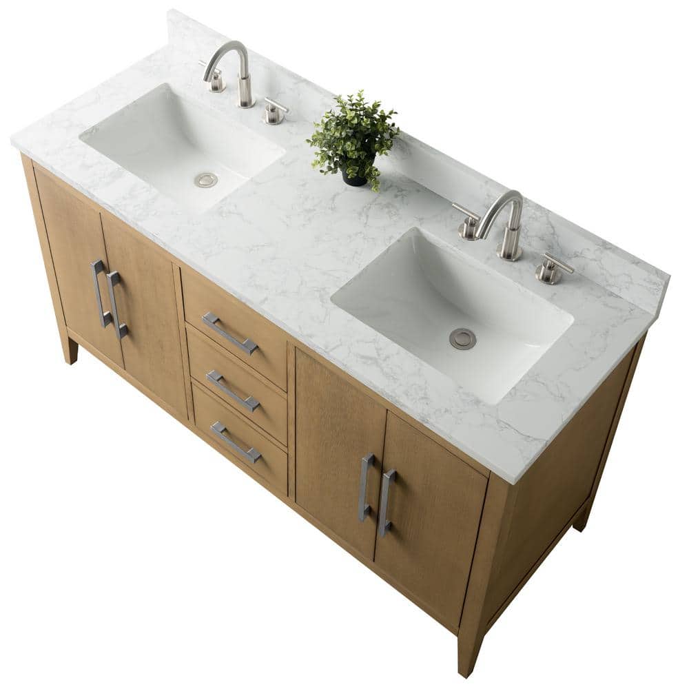 60" Natural Oak Double Sink Freestanding Bathroom Vanity with Engineered Marble Top
