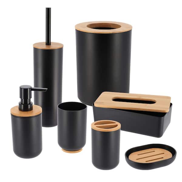 Unbranded Padang 7--Pieces Bath Accessory Set with Soap Pump, Tumbler, Soap Dish and Toilet Brush Holder in PVC Black and Bamboo