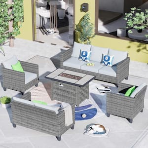 New Star Gray 5-Piece Wicker Patio Rectangle Fire Pit Conversation Seating Set with Gray Cushions