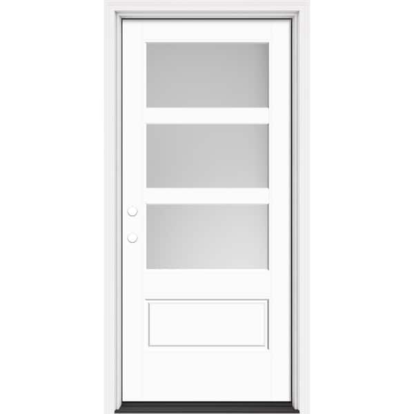 Masonite Performance Door System 36 in. x 80 in. VG 3-Lite Right-Hand Inswing Pearl White Smooth Fiberglass Prehung Front Door