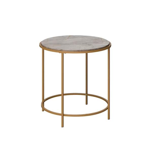 SAUDER International Lux 22.008 in. Satin Gold Round Faux Deco Stone End Table