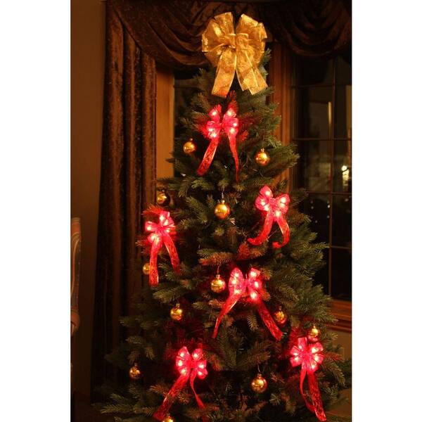 16 in. W LED Lighted Red Tinsel Christmas Bow Decoration