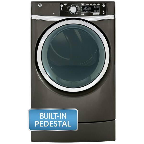 GE 8.3 cu. ft. Right Height Front Load Electric Dryer with Steam in Metallic Carbon, Pedestal Included