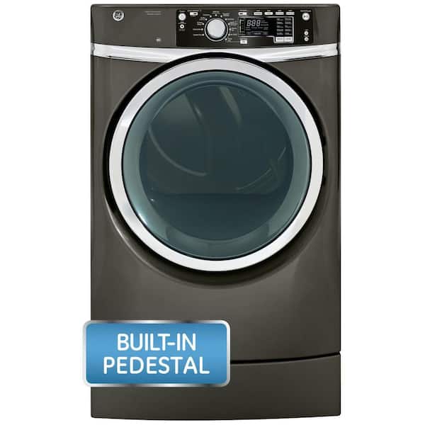 GE 8.3 cu. ft. Right Height Front Load Gas Dryer with Steam in Metallic Carbon, Pedestal Included