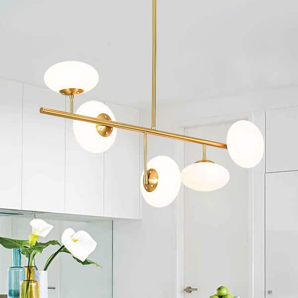 Haloir 40.2 in. 5-Light Modern Brushed Gold Linear Island Pendant Light with Flattened Opal Glass Shades