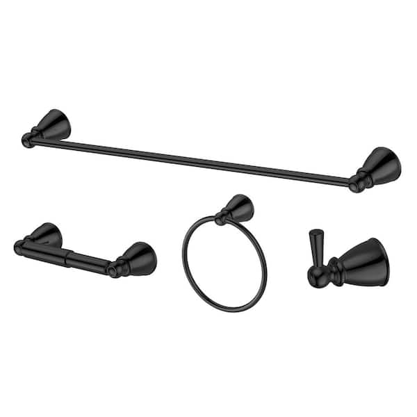 Glacier Bay Lisbon 4-Piece Bath Hardware Set with Towel Ring, Toilet Paper Holder, Robe Hook and 24 in. Towel Bar in Matte Black