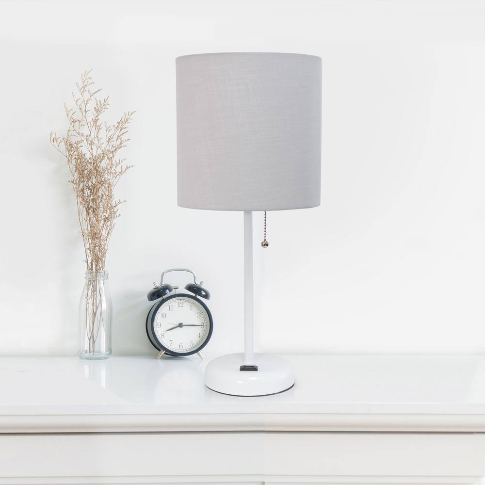 White Stick Lamp with Gray Fabric Shade and Charging Outlet
