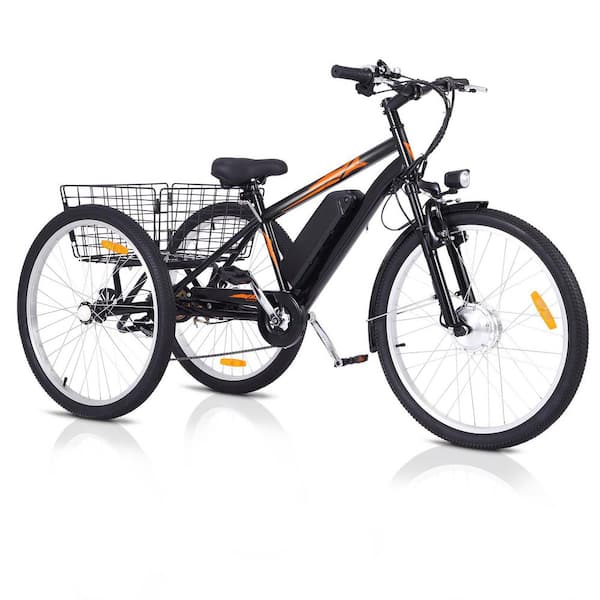 24 in. Fat Tires Black and Orange 7 Speeds Electric Bicycle with 3 Wheel, Powerful 350W Motor,Removable 36V 10Ah Battery