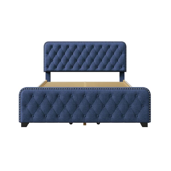Unbranded Shobe Wood Frame Queen Upholstered Platform Bed with Storage and Tufted Headboard in Blue
