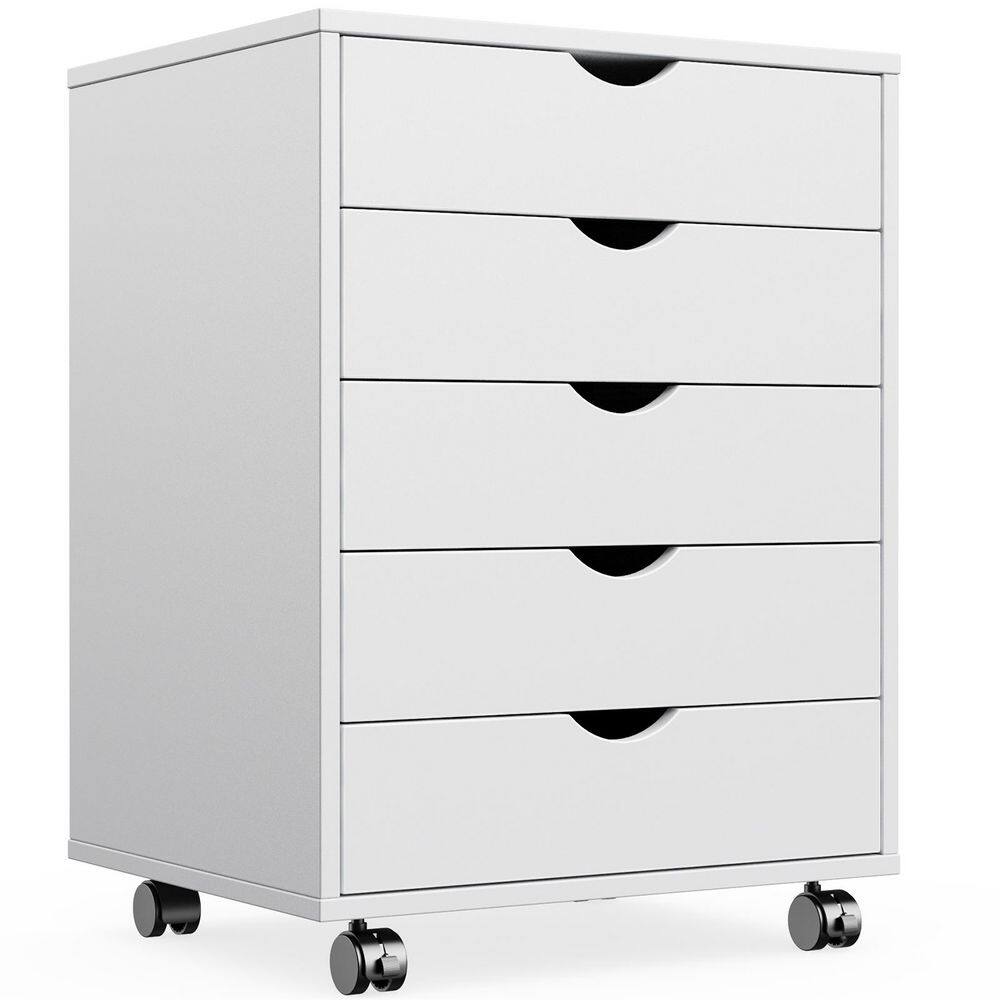 5-Drawer White Wood 19 in. W Vertical File Cabinet Rolling Organizer Storage Chest with Wheels