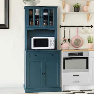 Teal Blue Wood 29.9 in. W Kitchen Pantry Storage Cabinet Hutch w/ Adjustable Shelves,Buffet Cupboard and Microwave Stand