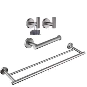 Wall Mounted 4 -Piece Bath Hardware Set with Double Towel Bar Toilet Paper Holder Towel Hooks in Brushed Nickel