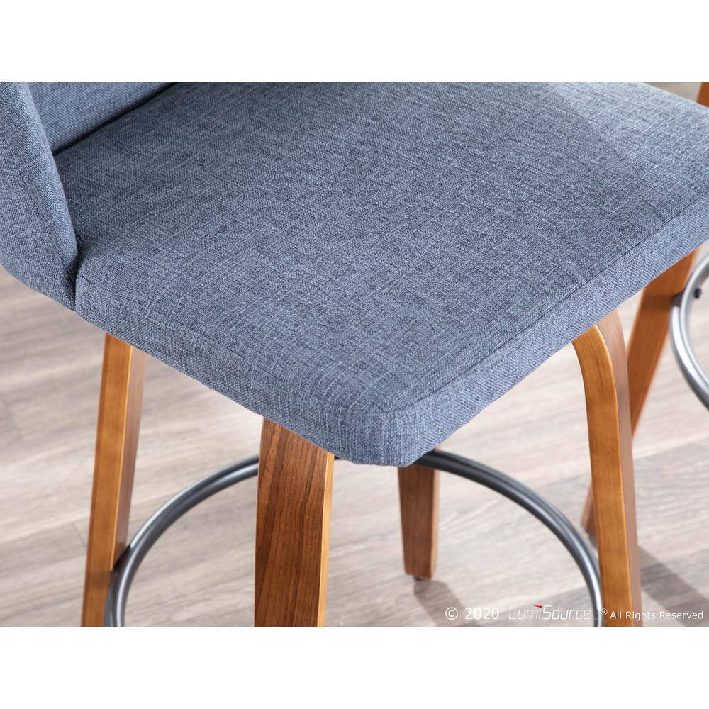 Walnut and Blue Mid-Century Modern Swivel Counter Stools, Set of 2