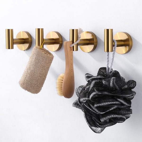 Stainless Steel Wall Mounted Round J-Hook Robe/Towel Hook with Rust Resistant in Brushed Gold(4-Pack)